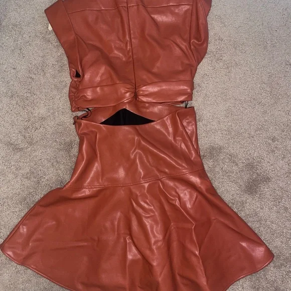 A.L.C Lexi orange or brown vegan leather v neck cutout mini dress - Picture 11 of 12